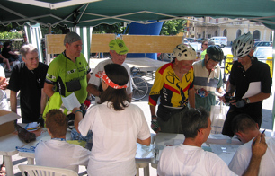 Signing on in 2004 for the Sicilia No-Stop 1000. L to R Chris WIlby, Mark Brooking, Ray Kelly, Jack, Karl Hrouda, John Davies