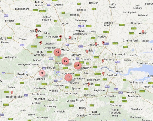 Overview of locations of Willesden members near London